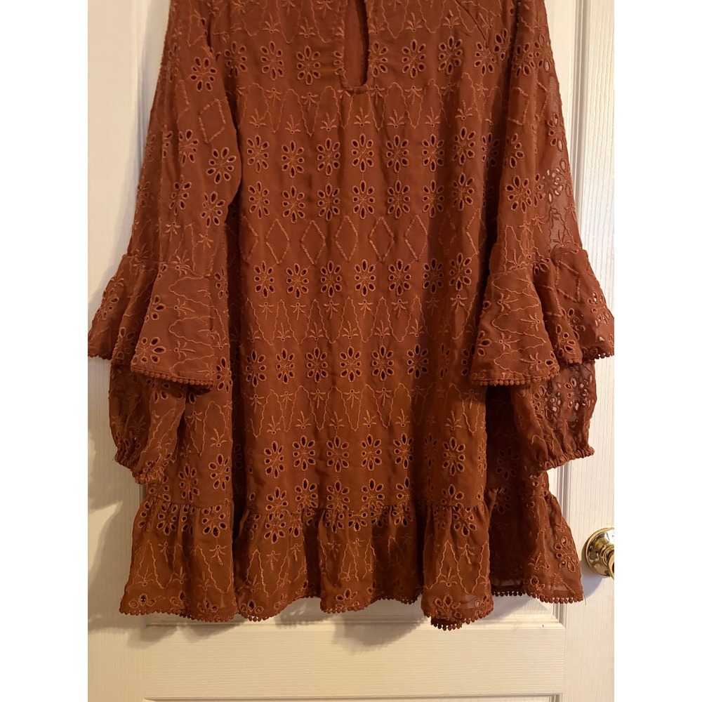 Shyanne Rust Brown Eyelet Lace Tiered Bell Sleeve Western Boho Mini Dress Large